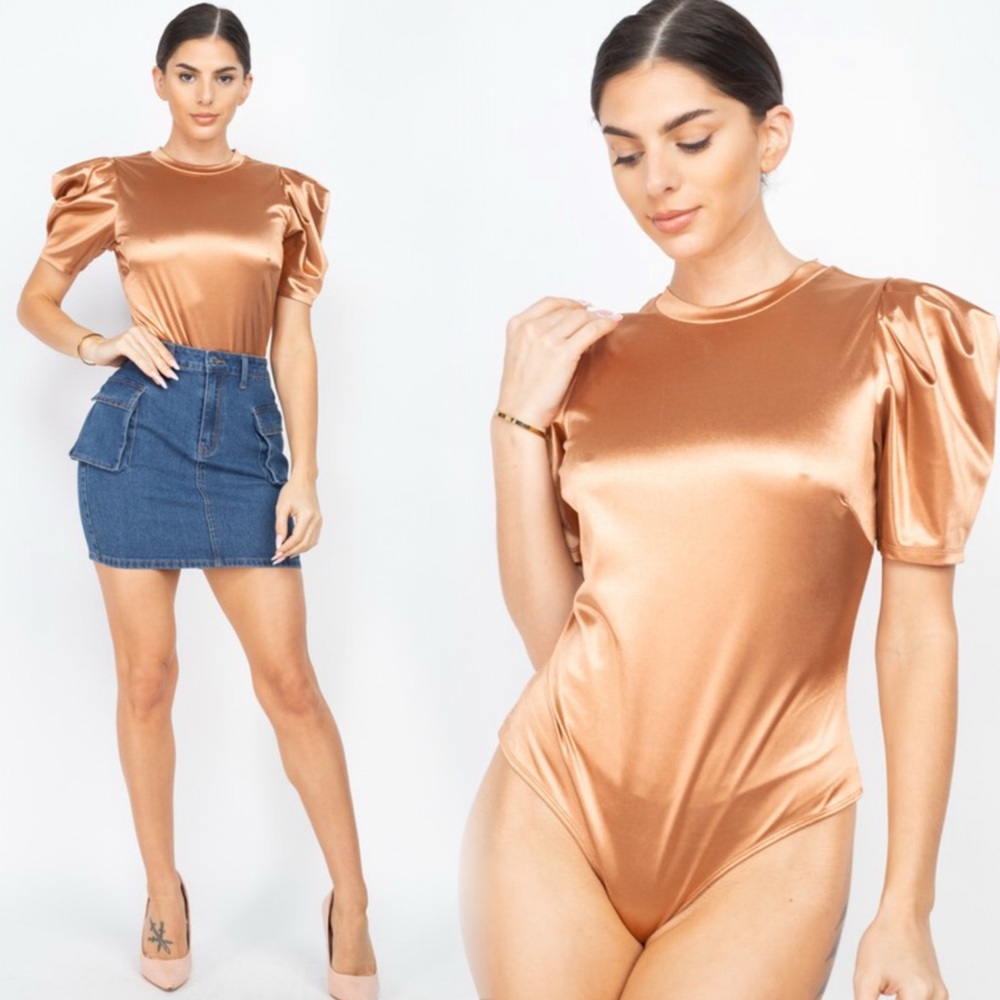 Elegant Satin Puff Sleeve Bodysuit - Copper